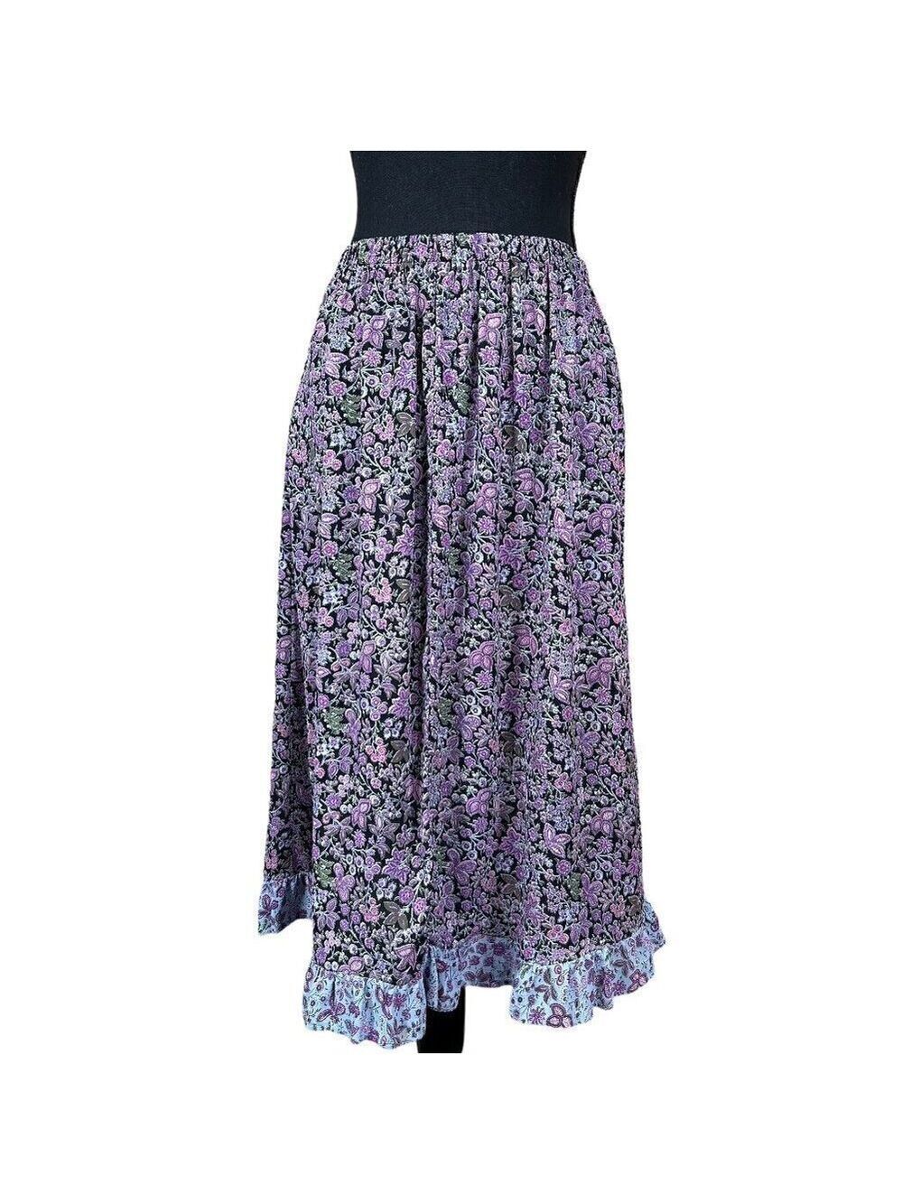 701 Vintage Purple Floral Ruffle Hem Cottagecore Maxi Skirt Size M